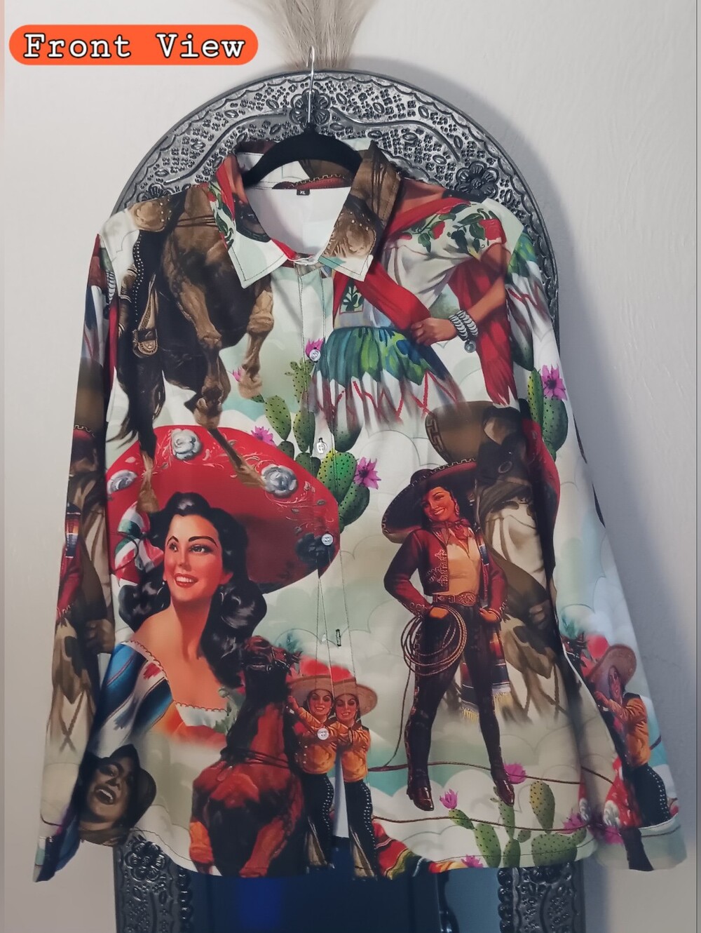 🌵Vintage Western Print Button-Up XL, Vibrant Earthy Multicolors-WOW!
